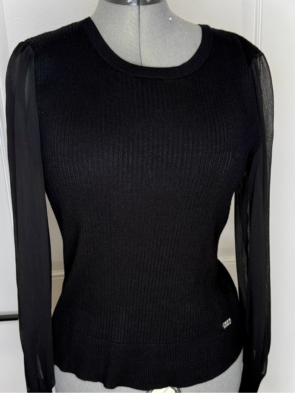 DKNY Black Knit Top with Sheer Sleeves